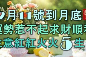 12月11號到月底，運勢惹不起，求財順利，生意紅紅火火的5大生肖！