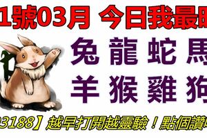 01號03月，今日我最旺！兔龍蛇馬羊猴雞狗！【93188】越早打開越靈驗！點個讚吧！