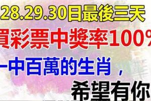 28.29.30日，最後三天買彩票中獎率100%，一中百萬的生肖，有你嗎？