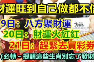 7月19日八方聚財運，20日財運火紅紅，21日趕緊去買彩劵的生肖