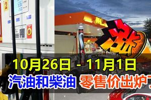 10月26日-11月1日汽油和柴油零售價出爐了！