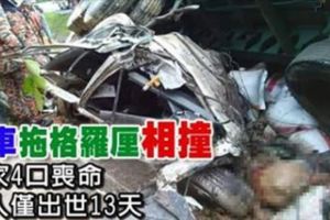 轎車拖格羅釐相撞一家4口包括僅出世13天的嬰兒當場喪命