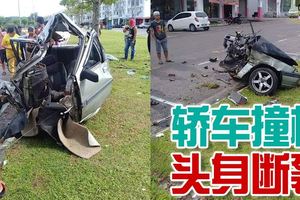 失控猛撞大樹後，轎車車頭和車身竟斷裂，形同廢鐵！司機大難不死！