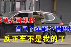 寶馬女司機將自己的車砸個稀巴爛：反正車不是我的了