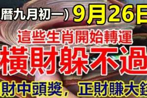 9月26日（農曆九月初一）開始轉運，橫財躲不過的生肖