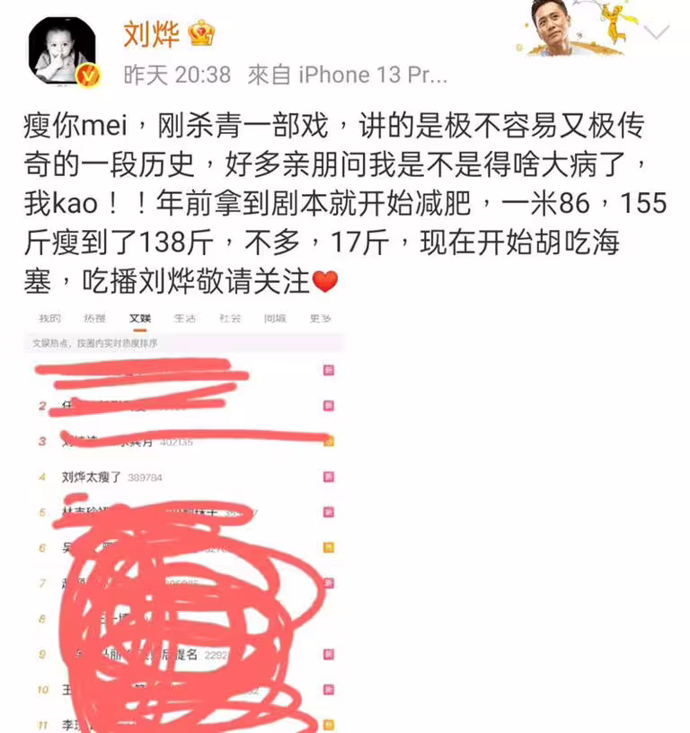 劉燁透露自己是為戲減肥,並不是生病。(圖/翻攝自微博) 劉燁透露自己是為戲減肥,並不是生病。(圖/翻攝自微博)