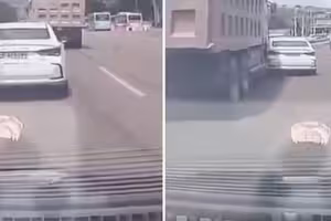 汽車硬摃砂石車　強行超車遭擠扁