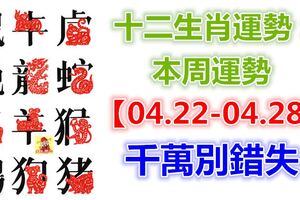 十二生肖運勢：本周運勢【04.22-04.28】千萬別錯失！