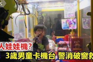 真人娃娃機！取物口鑽進機台萌童困櫥窗