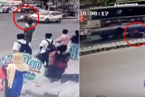 三寶女超幸運！沒看路直接撞車爬起…40秒後竟「又衝去撞公車」(圖+影)