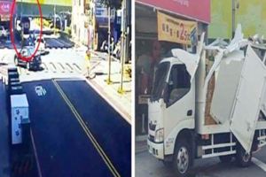 貨櫃車卡高架硬過車體半毀