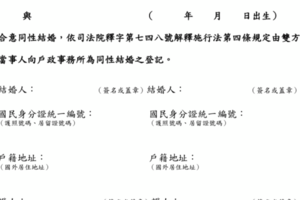雙方載明「結婚人」 內政部公布同性結婚書約