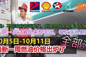 10月5日-11日，最新一周燃油價格出爐了，全部漲！！！網民民怨四起！！！