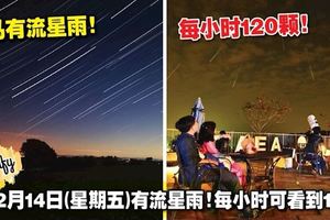 大馬12月14日(星期五)有流星雨！每小時可看到120顆！