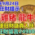 今天9月24日，每天旺財提示：虎馬雞豬，龍牛蛇羊。運旺財盛貴人扶！週末旺財留言24988必轉！