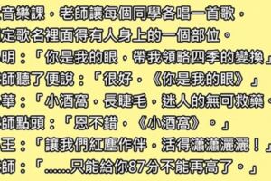 上音樂課的時候老師叫大家唱歌，規定歌名裡要有人體的部位，結果小王一開口老師就「瞬間臉色鐵青」！