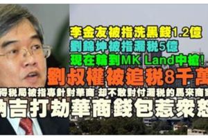 丹斯裡李金友被指洗黑錢1.2億，劉錦坤被控逃稅5億；現在輪到劉叔權中招，被指漏稅8千萬！為何專針對華商卻不對付逃稅的馬來商人？納吉緊盯華商錢包惹眾怒！
