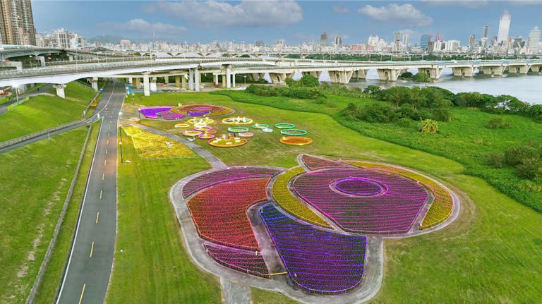 鴨鴨公園「鴨鴨三重奏」利用超過10萬盆草花布置。（高灘處提供）