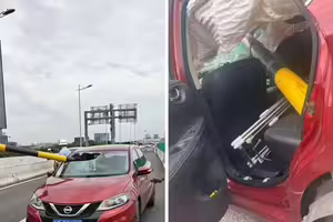 貨車撞斷限高桿 金屬桿直插路過小轎車 貨車撞斷限高桿 金屬桿直插路過小轎車