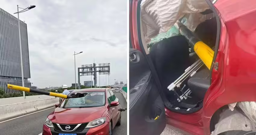 貨車撞斷限高桿　金屬桿直插路過小轎車