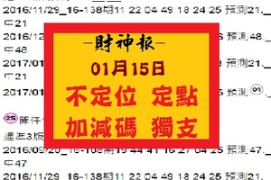 【財神報】「六合彩」01月15日不定位 定點 加減碼 獨支
