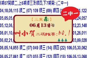【三重森】2017「六合彩」06月13日 (第五屆) 叫小賀二碼PK賽:NO:1 二中一參考