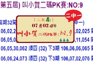 【三重森】2017「六合彩」07月02日 (第五屆) 叫小賀二碼PK賽:NO:9 二中一參考