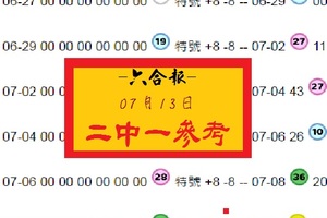 2017年07月13日「特號、加8、減8、二中一參考」六合報。