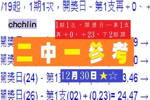 ★☆六合彩1期1次chchlin12月30日二中一參考