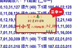 2018(三重森第一屆) 六合彩版參考NO:10 叫小賀二碼PK賽:02月03日開二中一