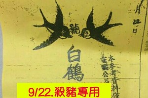 9/22 港 六合.（白鶴仙姑送財報，白鶴童子，鶴仙子手冊，真晨報，李府大元帥，五路財神，龍財神，財神符）。殺豬版。喜歡何數自由配，配出234星，參考，參考。