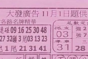 11/1 港六合 【大發廣告，五路財神，洪老師，白小姐，錢員外，溪底，公牌，北區彩報，搖錢報，千禧廣告】多張財報讓你參考，參考。