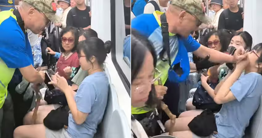 阿伯逼女子讓座　竟用拐杖扒拉她雙腿