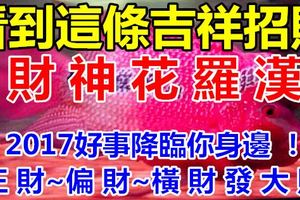 看到這條吉祥招財~財 神 花 羅 漢，18秒轉發出去可以除黴運 ！2017好事降臨你身邊 ！正 財~偏 財~橫 財 發 大 財