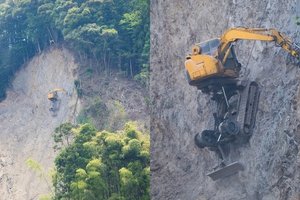 在山裡開車突然看到超狂怪手直接「飄在半空中」…事後得知真相讓所有人大開眼界！