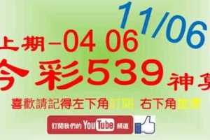 [今彩539神算] 11月6日 上期中04 06 5支 單號定位 雙號 拖牌
