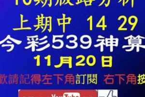 [今彩539神算] 11月20日 上期中14 29 獨支 10期版路分析