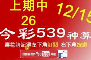 [今彩539神算] 12月15日 上期中26 5支 單號定位 雙號 拖牌