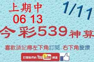 [今彩539神算] 1月11日 上期中06 13 3支 單號定位 雙號 拖牌