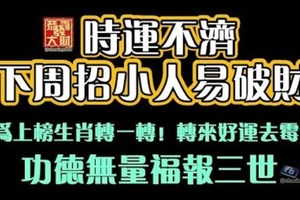 時運不濟，下週招小人易破財。請為上榜生肖轉一轉！轉來好運去黴運。功德無量福報三世！