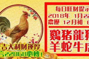 今天1月22日,每日旺財提示：雞豬龍狗，羊蛇牛虎。大吉大利財運厚！留言22868必轉！