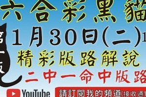 (第1版)[六合黑貓1月30號]六合彩精彩版路解說(2中1版)#號碼預測#香港六合彩版路