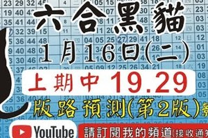 錄影版[上期中 19 29]六合黑貓(1月16號)六合彩版路號碼預測(第2版)#香港六合彩版路