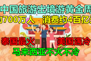 中国旅游出境游黄金周，约700万人，消费约4百亿元，泰国最火，美国遇冷，马来西亚不火不冷