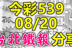 今彩539 2020/08/20 台北鐵報分享 供您參考