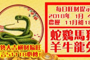 今天1月4日,每日旺財提示：蛇雞馬狗，羊牛龍兔。運勢大吉！橫財偏旺留言51118必轉！