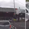 輪胎從天而降　砸中汽車！騎士倒地