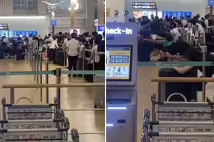 中國客機場集體插隊 暴衝撞傷工作人員 中國客機場集體插隊 暴衝撞傷工作人員