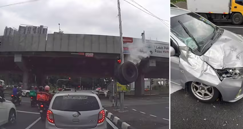輪胎從天而降　砸中汽車！騎士倒地