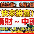 生肖蛇注意：8月2日快來接喜，發橫財～中頭獎！